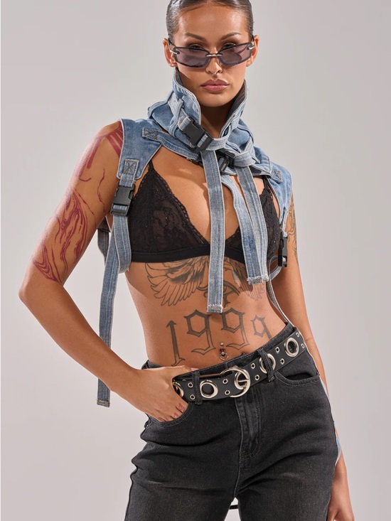 Tops - Denim Harness Vest with Buckle Straps - Light Blue